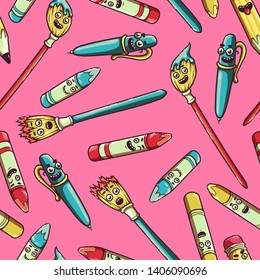 Back to school. Funny smiling colorful characters. Art supplies. Paint brushes, ballpoint pen, color crayons, pencil. A set of stationery for a primary school student. Seamless background with pattern