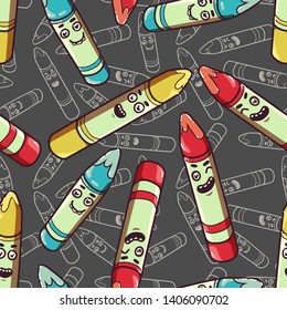 Back to school. Funny smiling colorful characters. Art supplies. Color crayons: red, yellow, blue. A set of stationery for a primary school student. Seamless background with pattern.