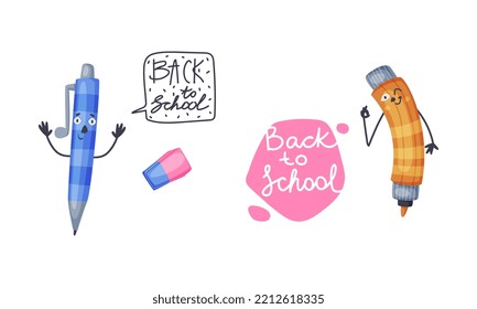De vuelta a la escuela. Graciosa escuela provee a los personajes caricatura ilustrativa vectorial