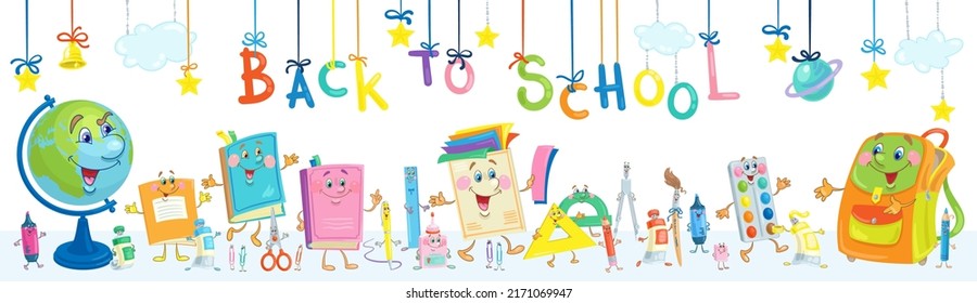 Back to school. Funny school supplies go to the briefcase. Banner in cartoon style with text. Isolated on white background. Vector illustration