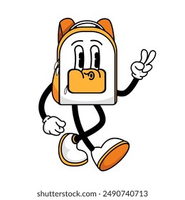 Back to school funny trendy retro groovy cartoon style. Character backpack in retro groovy cartoon style. Mascot