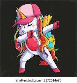 Back to school funny unicorn wearing pink cap and backpack with crayon and rule doing dabbing dance svg
