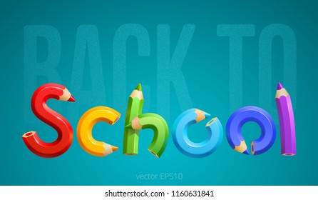 Back to school. Funny vector logo is formed by realistic 3d pencils that are bent into floating colorful letters. Large grainy text on the blue-green background. Original font. Educational poster.