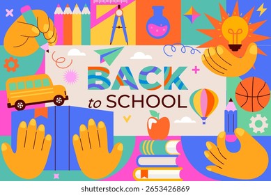 Back to school geometric background with hands holding book, pencil, lamp. School stationery elements,accessories for study, sports and creativity. School educational template. Vector illustration.