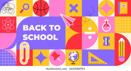 Back to school geometric pattern - colorful grid design with education icons of basketball and magnifying glass, paper plane and chemistry flask, pencil and notebook. Modern abstract mosaic layout.