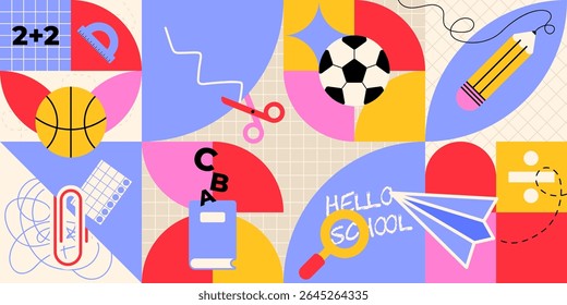 Back to school geometric pattern with colorful abstract shapes - basketball and soccer ball, pencil and scissors, books and educational elements in vibrant modern design for student supplies marketing