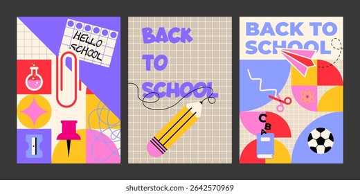 Back to school geometric poster set - modern education designs with grid backgrounds, colorful shapes and academic elements. Typography layouts with pencil, paper plane, soccer ball and science flask