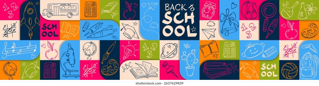 Back to school, geometric style horizontal banner with contour patterns. Rocket, globe, school bus, books, notebooks, pens, pencils and other conceptual symbols of education.