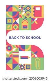 Back to school geometric vertical banner. Modern mosaic design background with school supplies. School icon set. Poster, banner, card template in trendy style