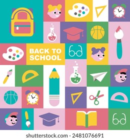 Back to school, geometrical pattern design. Background with school supplies and students. Colorful illustration.