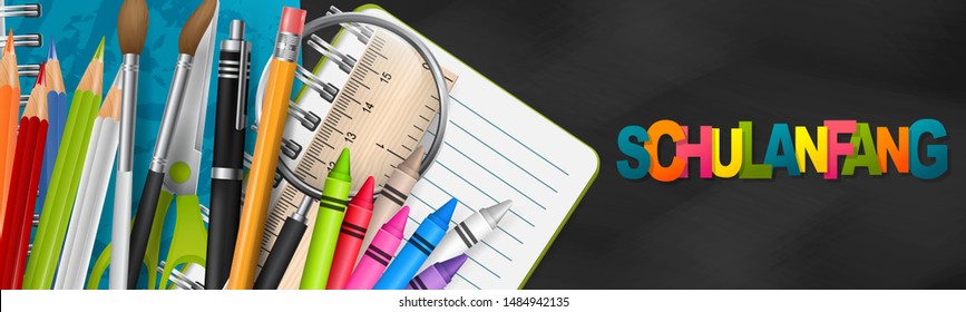 Back to school in German Schulanfang. First day of study banner or website header design for advertisement, promotion, sale, invitation. Education supplies for kids - copybook, pencils, scissors