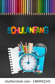 Back to school in German Schulanfang. First day of study design background with alarm clock, pencils, book, magnifier, ruler. Vector illustration.