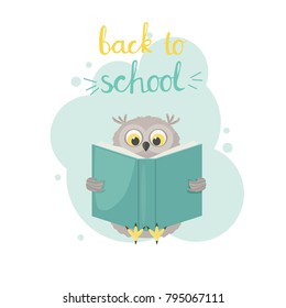 Back To School gift card with lettering and an small cute owl bird reading a large book. Vector composition in a light green frame on a white background.
