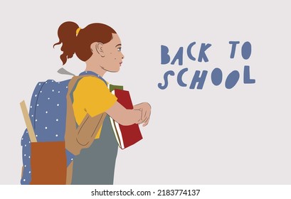 Back To School. Girl With Backpack Behind Back And Books. Vector Illustration Of Teenage Girl Prepared To Study. Beginning Of Lessons. First Day Of Fall. Welcome Poster, Cover Or Banner