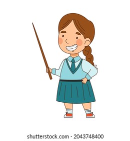 Back to School with Girl in Blue Uniform Standing with Pointer Vector Illustration