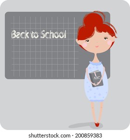 back to school girl with book at the blackboard