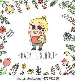Back to school girl with book and floral frame cute doodle illustration.