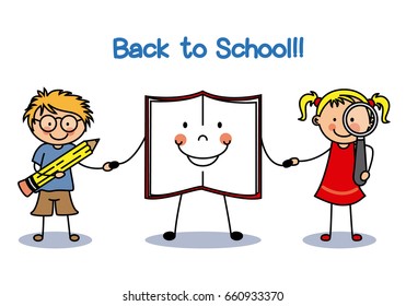 back to school. Girl and boy holding hands with a book