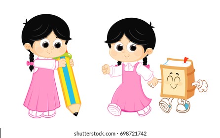 back to school , girl carrying a pencil and walking with a book