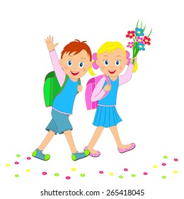  back to school.boy and girl going to school. girl with flowers, the boy waved his hand, illustration, vector