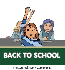 Back to school. Girl of hand sign. Girl pulls her hand up. Happy smile. Cartoon vector illustration.
