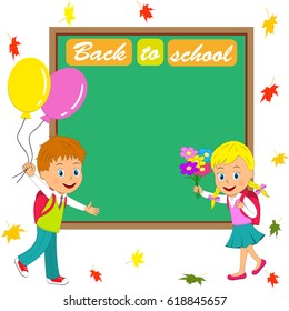  back to school.boy and girl on the background of the school board and leaves, illustration, vector
