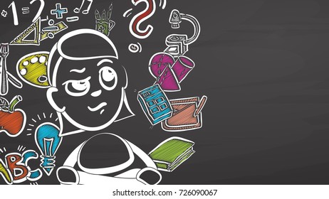 Back to School Girl on Blackboard, handdrawn vector sketch, clean outlines, vintage style blackboard.