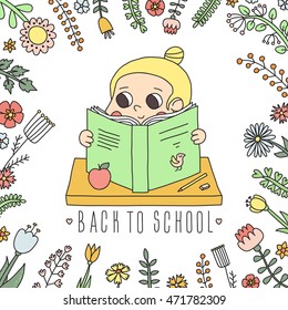 Back to school girl reading book and floral frame cute doodle  illustration.