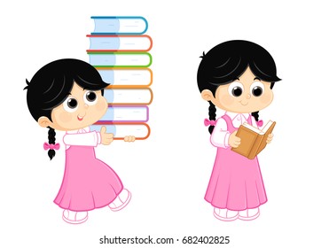 Back To School , A Girl Reading And Carrying Books 