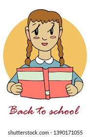 Back to school girl reads vector illustration character hand drawing