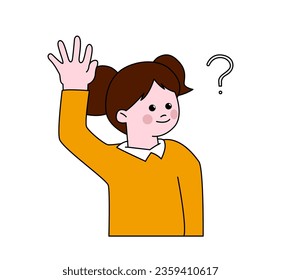 Back to school girl simple concept. Schoolgirl with question. Training, education and learning. Child pulls her hand up. Cartoon flat vector illustration isolated on white background