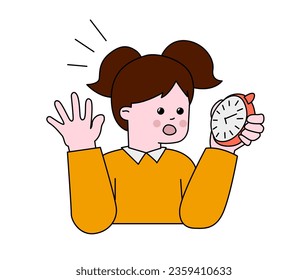 De vuelta al concepto simple de chica escolar. Escandalizada colegiala con relojes. Formación y aprendizaje. Niño con manejo de mal tiempo. Dibujo vectorial plano de dibujos animados aislado en fondo blanco