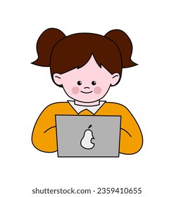 De vuelta al concepto simple de chica escolar. Escolar con laptop. Formación, educación y aprendizaje. Conferencia en línea y seminario web. Dibujo vectorial plano de dibujos animados aislado en fondo blanco