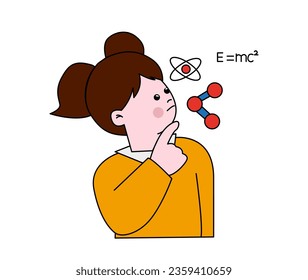 Back to school girl simple concept. Schoolgirl with structure of molecule, atom. Training and learning. Child with physical formulas. Cartoon flat vector illustration isolated on white background