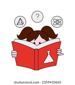 De vuelta al concepto simple de chica escolar. Escolar con libro. Formación, educación y aprendizaje. Niño estudiando química. Dibujo vectorial plano de dibujos animados aislado en fondo blanco