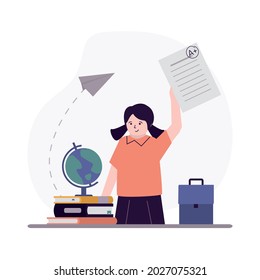 Back To School. Girl Student Gets Excellent Grade For Lesson Or Homework. Pupil Getting Good Marks. Studying Perfectly Well. Concept Of Learning, Gaining Knowledge And Education. Vector Illustration