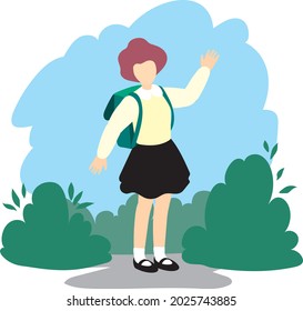 Back to school, a girl in a uniform, a black skirt waving her hand,
 greeting gesture.Vector character in flat style.