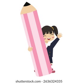 Back to School girls Kid Holding Pencil Cute Young Writer Illustration
 Perfect for back to school themes, children's books, educational content, school posters, or literacy campaigns