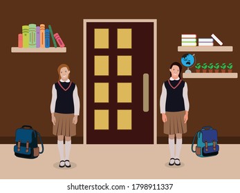 Back to school with girls. Primary school vector illustration.flat design