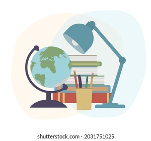 Back to school. Globe, books, lump, pens and pencils. Education concept. Vector illustration