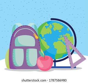 back to school, globe map backpack ruler and apple elementary education cartoon vector illustration
