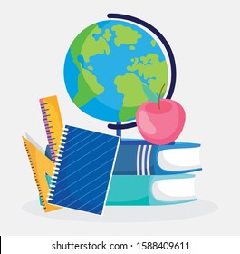 back to school, globe, notebooks, books, ruler, apple. education vector illustration.