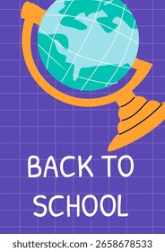 Vuelta al globo de la escuela en el fondo púrpura de la cuadrícula. Afiche de Vertical educativa con libros, lápices y artículos escolares vibrantes. Ideal para promociones escolares, ventas de temporada y decoración de aulas.