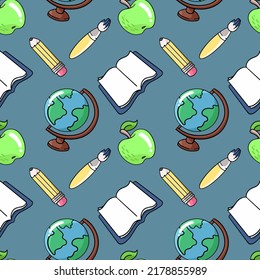 Back to school globe, pencil, apple, vector seamless pattern in the style of doodles, hand drawn