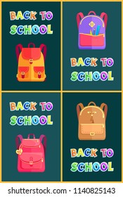 Back to school goods poster. Vector schoolbags with big and small pockets and partitions, ruler and pen supplies and gurlie handbag with trinket.