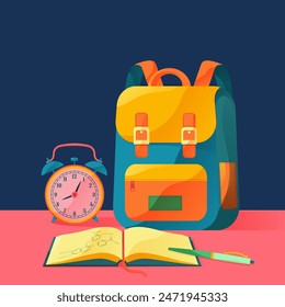 back to school gradient illustration composed of a backpack, an alarm clock, and a notebook