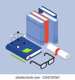 Back to school graduate diploma scroll certificate isometric vector illustration. Textbooks with eyeglasses, molecular model and rolled graduation achievement. Education, learning at college.