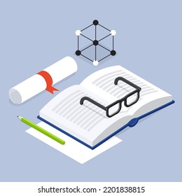 Back to school graduate diploma scroll certificate isometric vector illustration. Open book with eyeglasses, molecular model and rolled graduation achievement. Education, learning at college