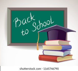 Back to School. Graduation cap on the stack of books against background of black