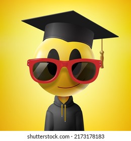 Back to school graduation emoji. Smiling face in graduation hat and sunglasses. Funny cartoon-styled educational emoticon character, vector illustration. New NFT collection